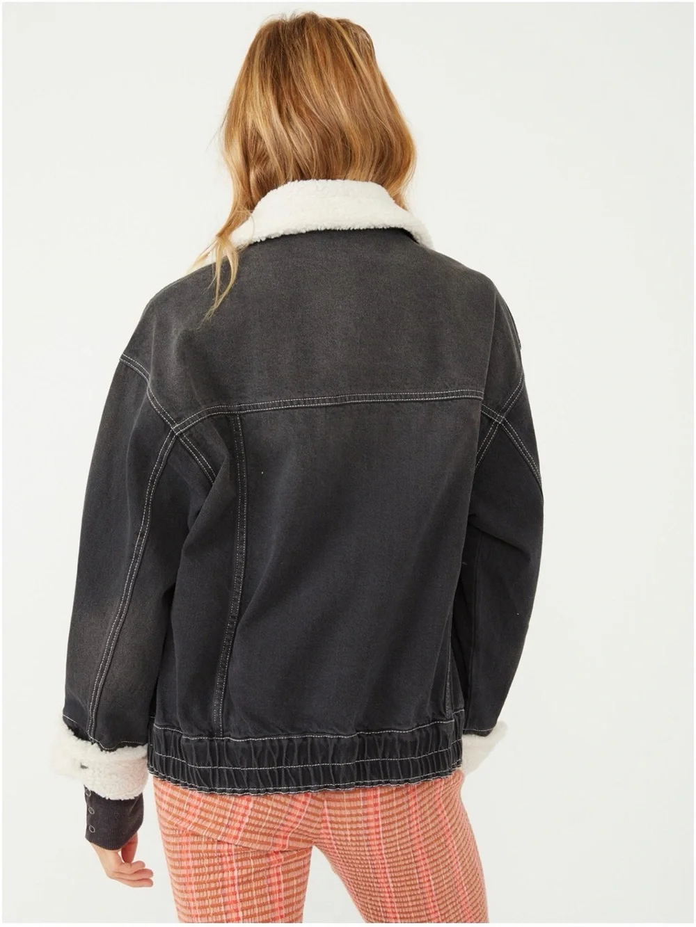 Free People Ariel Cozy Sherpa Accent Oversized Denim Bomber Jacket Washed Black